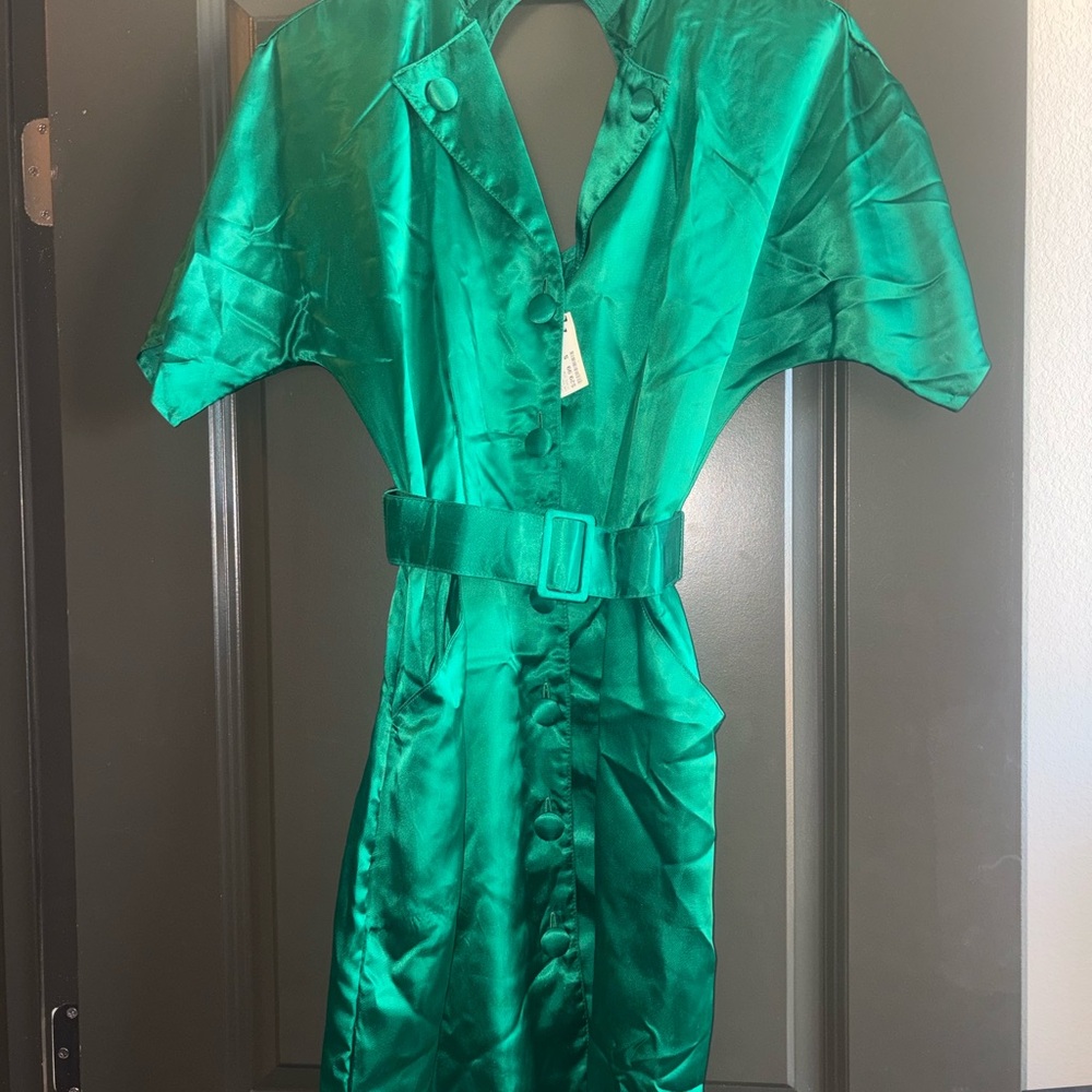 Vintage 80s Green Satin Belted Mini Dress
